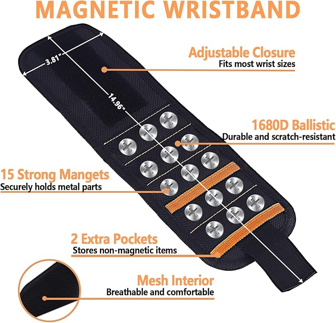 Magnetic Wristband for Tools, Screws, Nails and Drill Bits, Magnetic Wrist Band Made from 15 Strong Magnets, Wrist Magnetic Screw Holder, Tool Gifts for Men, Dad, Husband, Grandpa, Handyman