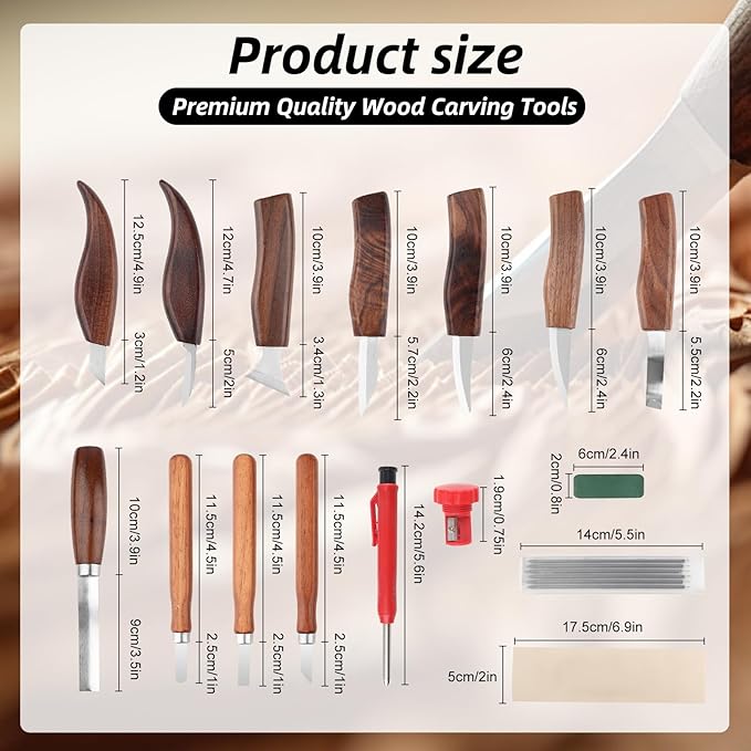 18Pcs Wood Carving Tools Sets with Custom Storage Bag,Wood Carving Knives Kit,Wood Whittling Kit Working Carving Knife Tools Set for Beginner and Carpenter