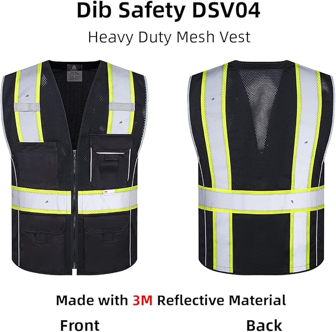 Dib Safety Vest Reflective Black Mesh, High Visibility Vest with Pockets and Zipper, Heavy Duty Vest Made with 3M Reflective Tape XL