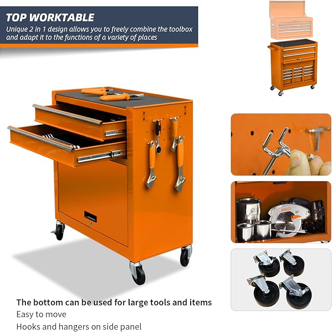 8-Drawer High Capacity Rolling Tool Chest - Big Storage Removable Tool Box w/ Lockable Drawers for Workshop & Garage (Orange)