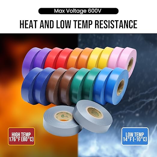 Lichamp 20 Pack Colored Electrical Tape Waterproof, 3/4 in x 66ft, Industrial Grade UL/CSA Listed High Temp Electrical Tape Colors Electric Super Vinyl, 2075C2