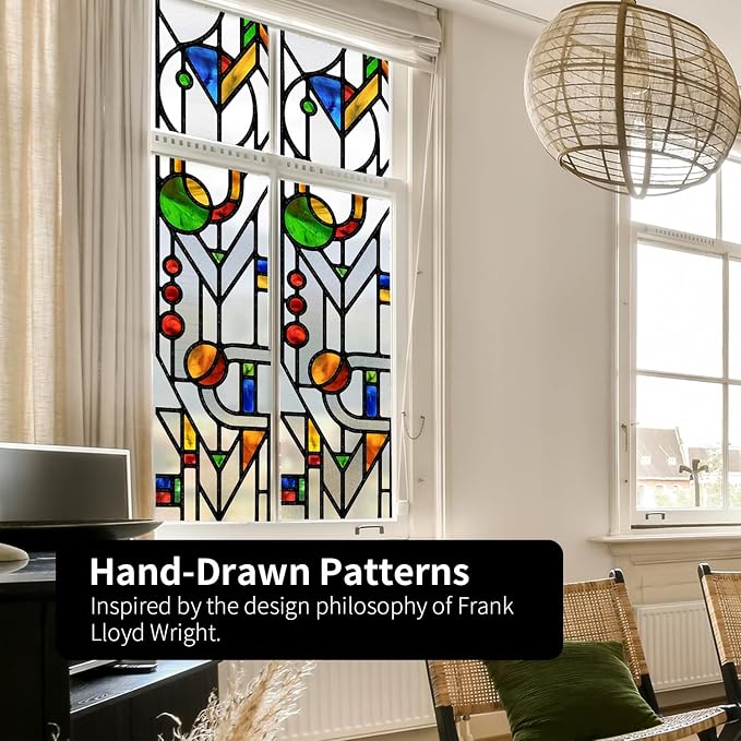 Original Hand Drawn Faux Stained Glass Window Film Double-Sided Texture Static - Image 6