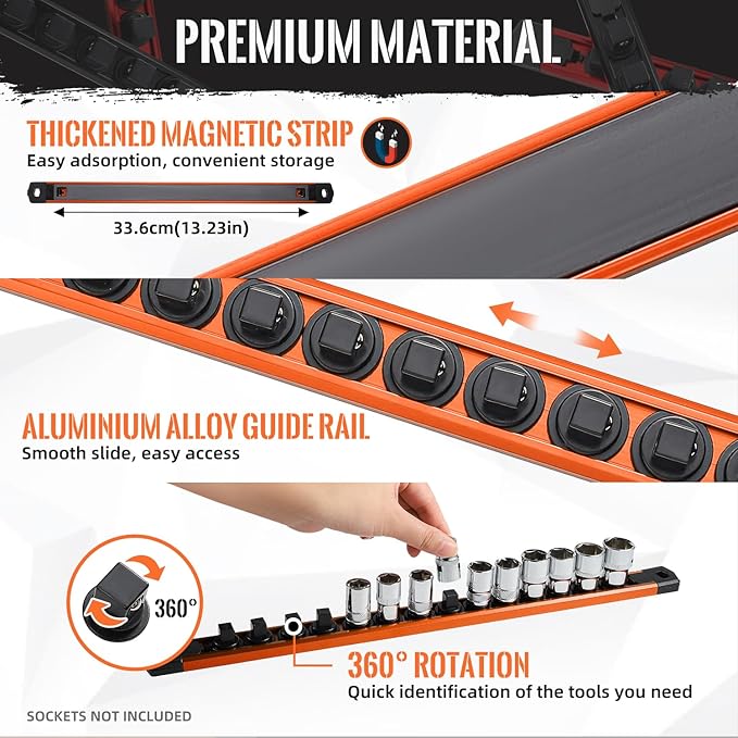 Renietco Magnetic Socket Organizer, 3-Piece Heavty Duty Aluminum Socket Holder, Socket Rail for Tool Box, Premium Quality 360° Swivel Socket Rack Kit with 40 Clips for 1/2, 3/8, 1/4-Inch(Orange)
