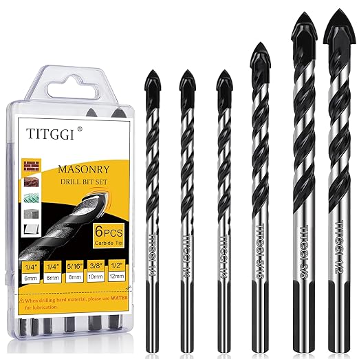 6PCS Masonry Drill Bit Set & Concrete Drill Bit Set 1/4"-1/2" Industrial Strength Carbide Drill Bit Tip for Glass/Brick/Plastic/Cement/Wood/Tile/Etc, by TITGGI