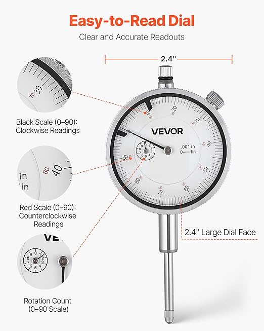 VEVOR Dial Test Indicator with Dual Rod Stand and Storage Case, 0.001 inch Accuracy, 0-1 inch Range, Fine Adjustable Long Arm, Non-Magnetic Centering Rods for Machine Set-Up, Narrow Area Measurement