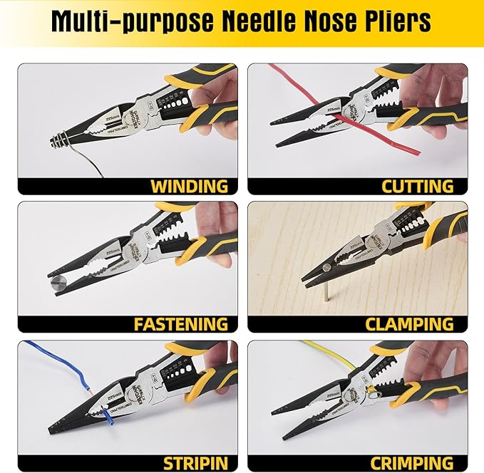 Multi-Function Needle Nose Pliers with Cutting, Stripping, Crimping and Gripping, 9-inch 6-in-1 Cr-V Steel Combination Pliers for Electricians and Homes