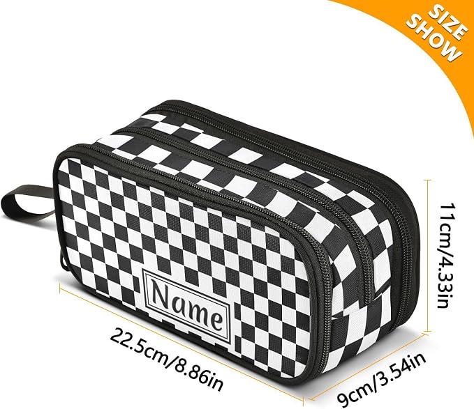 Custom Black White Checkered Pattern Pencil Case Box Boys Girls Personalized - Image 6