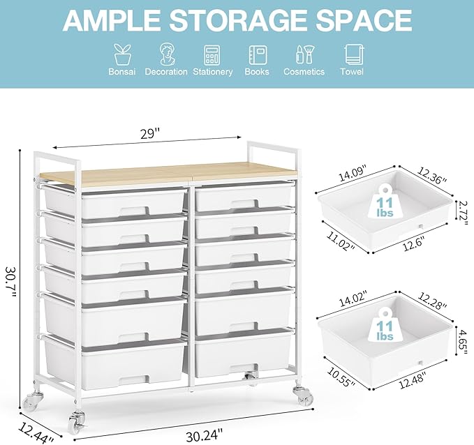 Rolling Storage Cart with 12 Drawers, Wooden Tabletop Utility Cart - Image 3