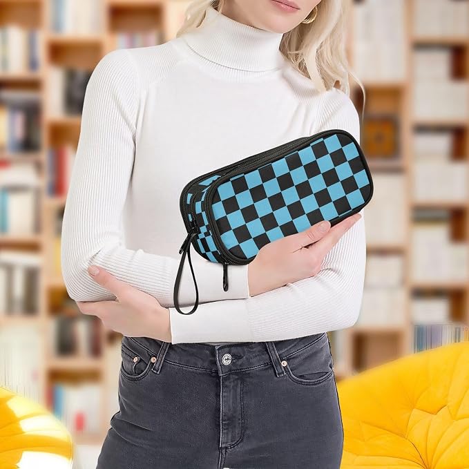 Black Blue Checkered Pattern Pencil Case Box Boys Girls Large Pencil Pouch - Image 8