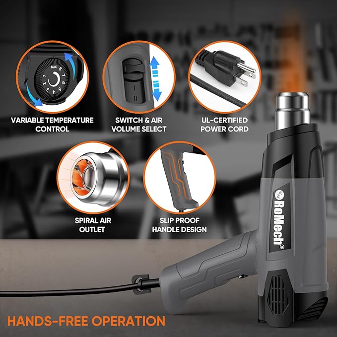 ROMECH Heat Gun, Heavy Duty Fast Heating, Variable Control 120°F~1200°F (50℃-500℃) 4 Nozzles Heat Gun for Crafting, Shrink Tubing,Vinyl Wrap(Gray)