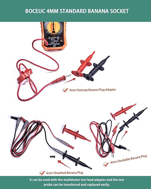 Test Hook Clips Multimeter Leads for 4mm Plug Test Probe, CAT III 1000V/CAT IV 600V, 10A for Electronic Circuit Testing (1 Pair, Red Black)