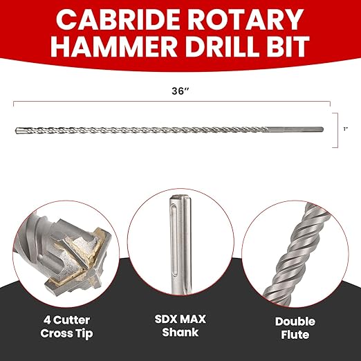 1 in X 36 in SDS MAX Bits, Rotary Hammer Drill Bits, Carbide Drill Bits, Masonry Drill Bits for Concrete, Stone and Brick, SDS MAX Hammer Double Flute, Masonry Drill Bit, Concrete Drill Bit
