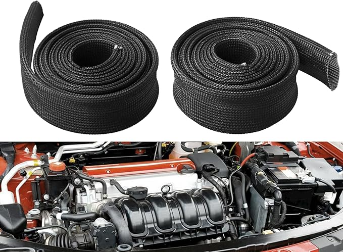 Fiberglass Hose Heat Shield Sleeve Spark Plug Wire Heat Protector Boots Auto Hose Roll 2500 Degree for Car&Auto Wire Loom Brake Line Cable (Black 1" IDX10')