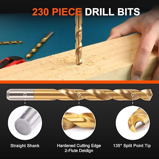 COMOWARE 230 Pcs Drill Bit Set for Wood & Metal - Titanium Wood Drill Bits, High Speed Steel Drill Bit Kit Titanium Coated for Wood, Metal, Plastic, Aluminum Alloy with Storage Case, 3/64"-1/2"