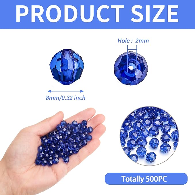 BONNY BOXX 500pcs 8mm Acrylic Faceted Round Crystal Beads Transparent Sapphire - Image 3
