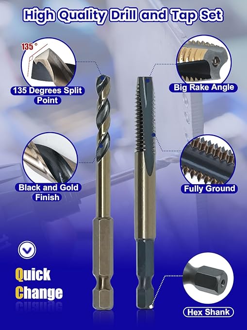 JEFE HEX Drill and Tap Set 20pc - Hex Shank Drill Bits & Thread Taps for Metal | MRO & Industrial Use | Quick-Change Combination tap 6-32UNC to 1/2"-13UNC | Impact Driver