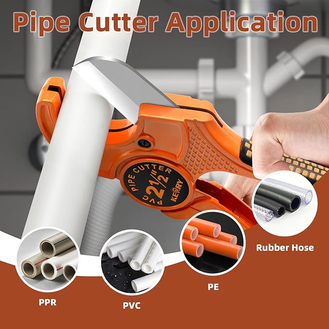 Kerry PVC Pipe Cutter, Up to 2-1/2" Ratcheting Heavy-Duty PEX POLY PE Plastic Hoses and Plumbing Tube Cutting Tool, Stainless Steel Blades, Thicken Aluminum Body Efficient Extended Handle - 2Pack