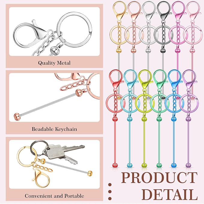 Tondiamo 12 Pcs Beadable Keychains Bars Bulk Blank Beaded Metal Keychain - Image 4