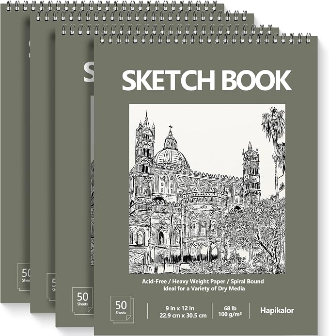 9" x 12" Sketch Book, Spiral Bound Sketch Pad, 4 Pack 50 Sheets 68lb/100gsm by Hapikalor