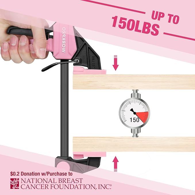 WORKPRO Bar Clamps for Woodworking, 6-Pack One-Handed Clamp/Spreader, 4PC 6" and 2PC 12" Wood Clamp Set, Light-Duty Quick-Change F Clamps with 150 lbs Load Limit, Pink Ribbon