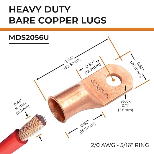 SELTERM 15pcs 2/0 AWG 5/16" Stud - UL Heavy Duty Battery Terminal Connectors, Bare Copper Battery Cable Lugs, 00 Gauge Wire Connectors, Electrical Battery Cable Ends, Ring Terminals Copper Lugs
