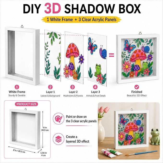 Paint Your Own 3D Shadow Box Frame, 8x8 Blank 3-Layer DIY Art Frame - Image 2
