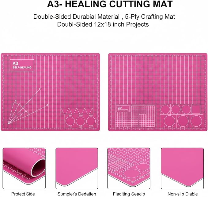 Cutting Mat A3 Pink, Self Healing Cutting Mat 12x18 Inch, 5-Ply Rotary Cutting - Image 6