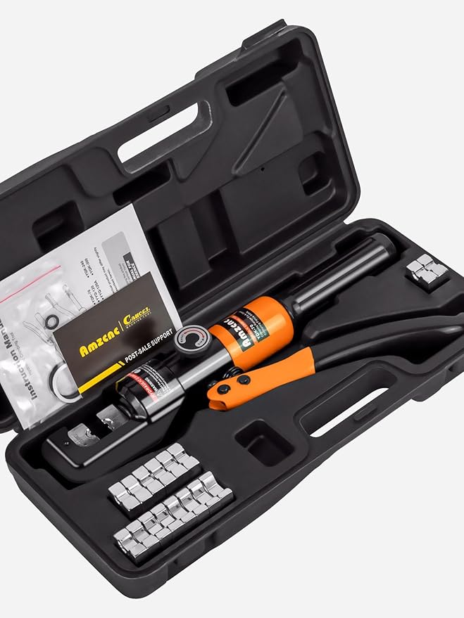 AMZCNC 1/8” Wire Rope Crimping Tool Hydraulic Crimping Tool Kit - 12 AWG to 2/0 AWG with 9 Die Sets-For Battery/Welding Cables, Power Wires, Electrical Cables - 180° Rotatable Head
