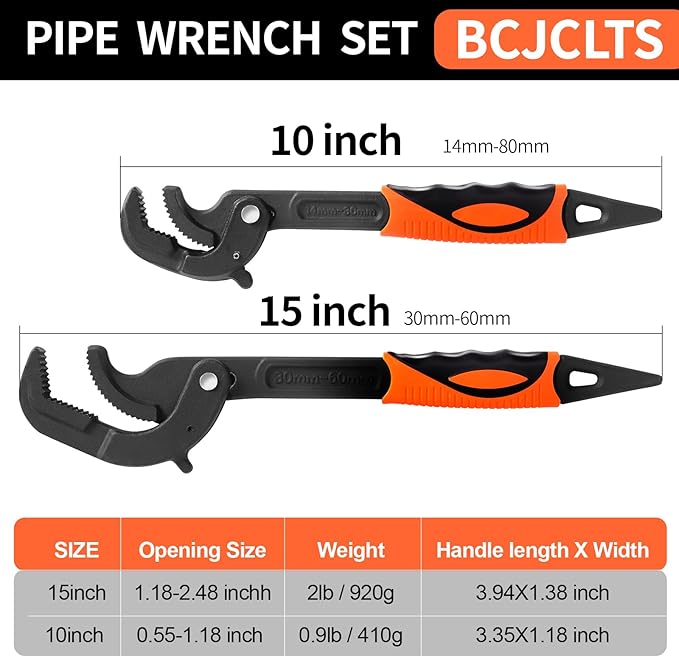 Pipe Wrench Set, 10” and 15” Self Adjusting Wrench 2-Piece Plumbing Tools for 0.55“-2.36”/14-60mm Standard Nuts, Irregular Nuts,Pipes Use