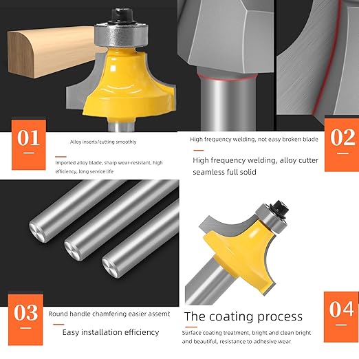 1/2 Shank 7pcs Corner Rounding Bit Set(1/8" 3/16" 1/4" 5/16" 3/8" 7/16" 1/2" Radius 4Pcs) Corner Rounding Edge-Forming Roundover