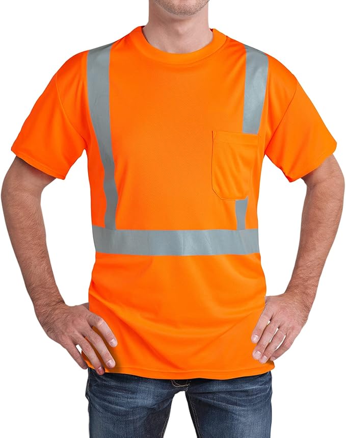 High Visibility Shirts Quick Dry Safety T Shirts with Reflective Strips and Pocket Short Sleeve Mesh Hi Vis Construction Work Class 2 Shirt for Men/Women Orange,XL