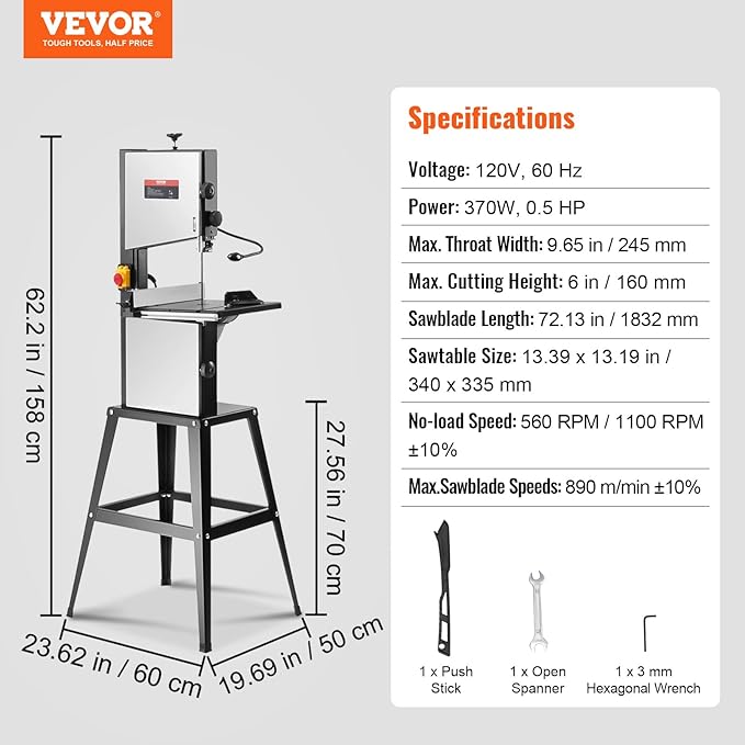 VEVOR Band Saw with Stand, 10-Inch, 560 & 1100 RPM Two-Speed Benchtop Bandsaw, 370W 1/2HP Motor with Metal Stand Optimized Work Light Workbench Fence and Miter Gauge, for Woodworking Aluminum Plastic