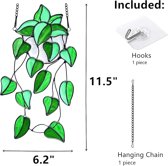 Green Faux Plants Stained Glass Window Hanging Suncatcher, Artificial Plants - Image 3
