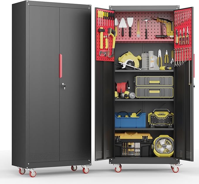 71" Metal Garage Storage Cabinet, Metal Garage Cabinets with Wheels,Tool Storage Cabinet with 5 Adjustable Shelves, Locking Steel Tool Cabinets for Home,Basement,Warehouse