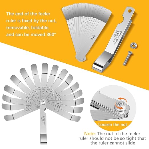 16 Blades Stainless Steel Feeler Gauge, Metric and Imperial Gap Measuring Tool Width and Thickness Feeler Gage Gauge for Spark Plug, Valve Adjustment Tool, 0.127-0.508mm (0.005IN-0.02)