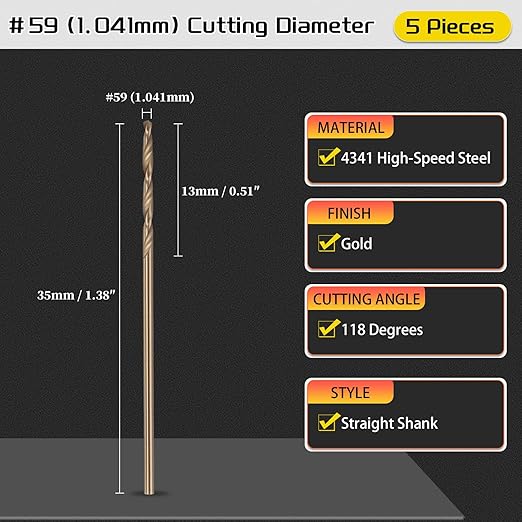 Drill Bit, #59 Cutting Diameter, 4341 HSS Gold Finish 118° Cutting Angle Number Jobber Bits - (Applications: for Drilling Soft Metal Plastic Wood), 5-Pieces