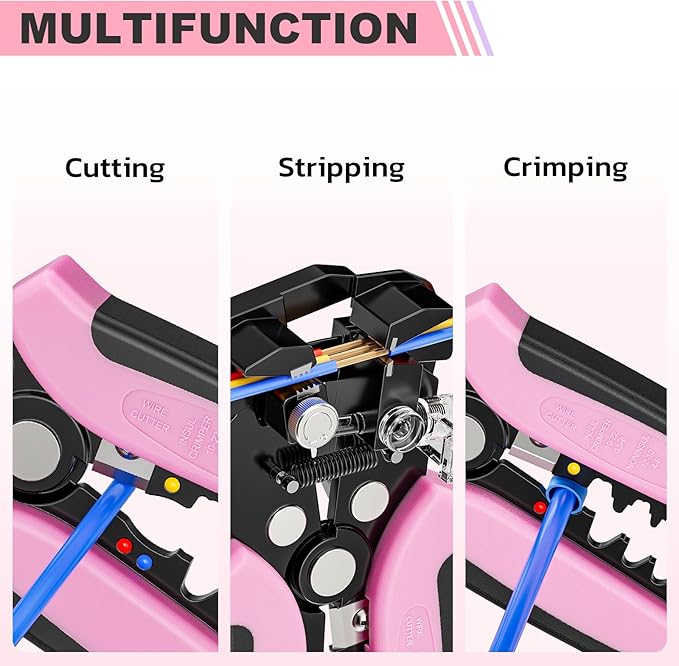 haisstronica Self-Adjusting Wire Stripper, Pink 3 In 1 Stripper/Cutter/Crimping Heavy Duty Automatic Electrical Wire Strippers for 10-24 AWG Stranded, Solid,Landscape Etc