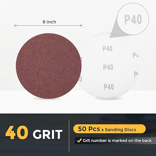 HARFINGTON 50 Pcs 8 Inch Sanding Disc 40 Grit Hook and Loop Sandpaper Random Orbital Sander Pads for Woodworking Automotive Metal Polishing