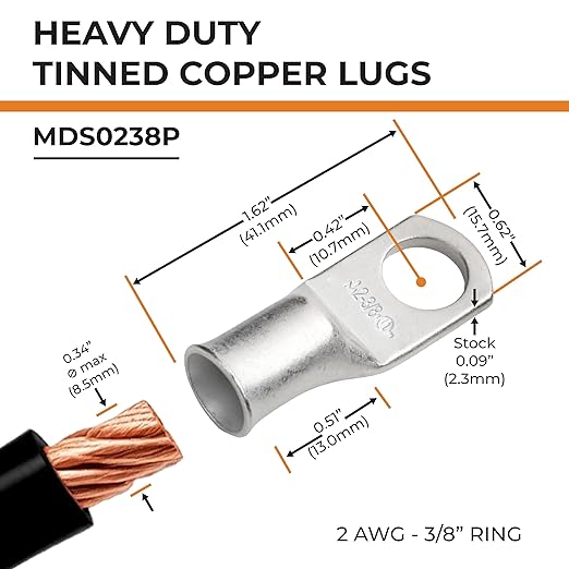 SELTERM 25pcs 2 AWG 3/8" Stud Marine Grade Tinned Copper Battery Cable Lugs, 2 Gauge Ring Terminals, UL Wire Lugs Electrical Battery Cable Ends, Tinned Copper Lugs Battery Terminal Connectors
