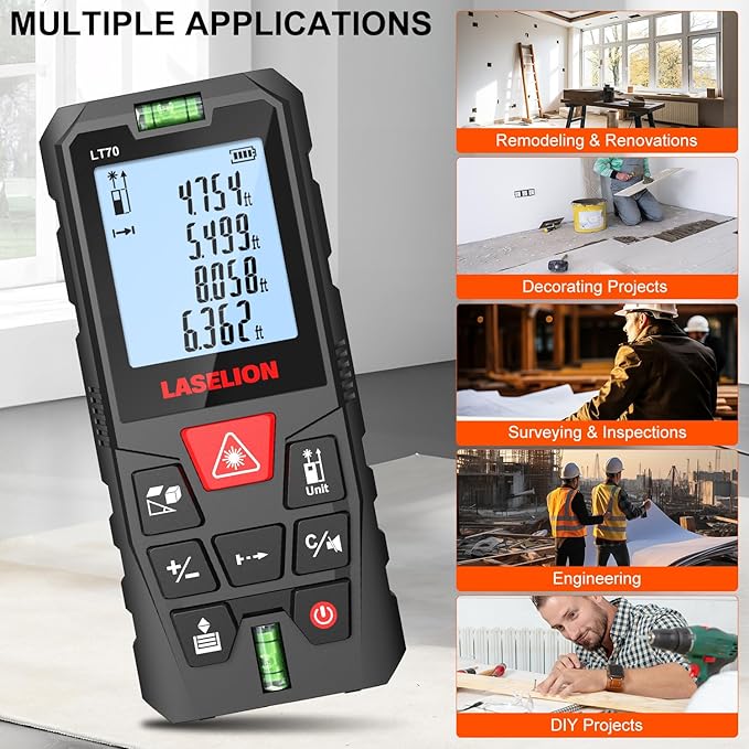 LT70 Laser Distance Meter – 70m (229ft) Range, High Accuracy, Multiple Measurement Modes, Built-in Level Bubble, Handle Laser Distance Measurement Tool，Mute Function (229ft)