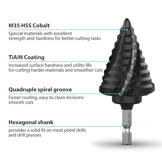 Cobalt Steel Step Drill Bit Set - 5PCS 50 Sizes for Metal, Impact-Ready Step Bits for Steel with Titanium Coating & Aluminum Case | Professional Metal Drill Bit Kit(5pc)