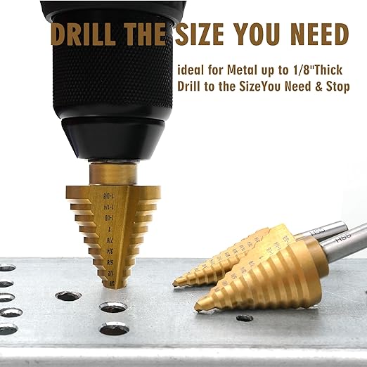 BeHappy Step Drill Bit Set, 5Pcs Titanium Step Drill Bit Set, High Speed Steel Step Drill Bits with Automatic Center Punch for Sheet Metal, Wood, Plastic, 50 Sizes with Aluminum Case for DIY
