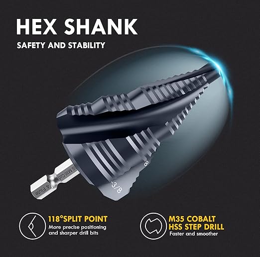 Four Sprial Flute M35 Cobalt Step Drill Bit, 1/4"-1-3/8" Ultra TiAIN Coated Unibit Step Bit, 1/4" Hex Shank Drill Bit for Metal, Stainless Steel, Aluminum, Copper, Wood, PVC