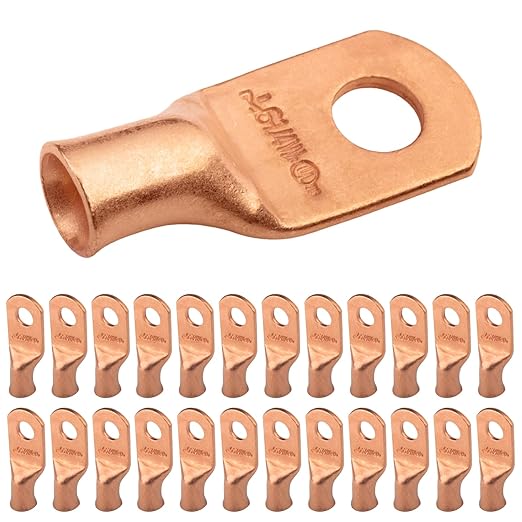 SELTERM 25pcs 6 AWG 1/4" Stud (Wide Pad) Battery Lugs, Ring Terminals, Heavy Duty Copper Wire Lugs, Battery Cable Ends, 6 Gauge Ring Terminal Connectors, UL Bare Copper Eyelets Battery Cable Lugs
