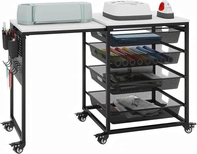 Craft Table with Wheels & Drawer, Extendable Cart with Pegboard, Arts and - Image 9