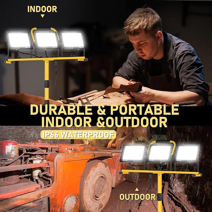 21000 Lumen LED Work Light with Stand -3 Head Portable Work Light 6500 Kelvin Color IP66 Waterproof Tripod Worklights for Job Site Workshop Garage Construction Site Lighting (3-Head)