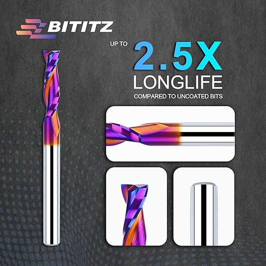 2PCS 1/4 Upcut Spiral Router Bit 1/4 Inch Shank 1 inch Cutting Length with Extra Long Life Coating CNC Router Bits End Mill for Wood Cutting, Slot Mortise, Engraving