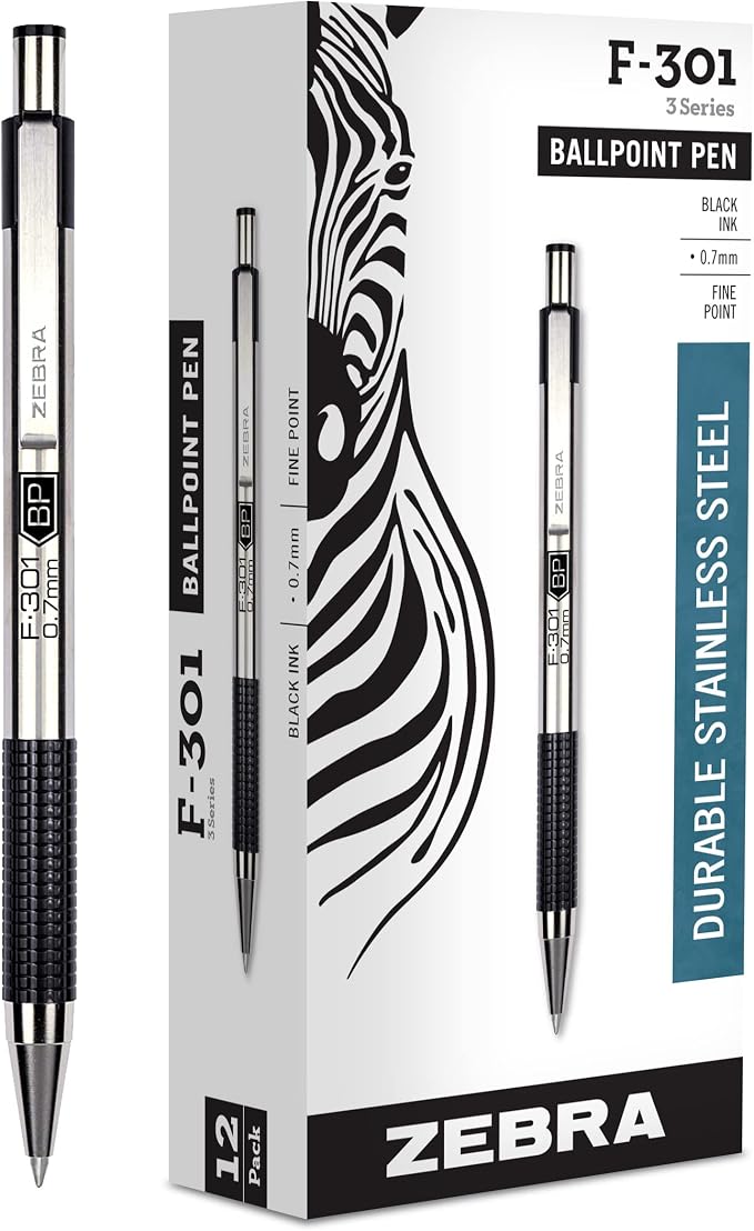 Zebra Pen F-301 Retractable Ballpoint Pen, Stainless Steel Barrel, Fine Point by ZebraPen