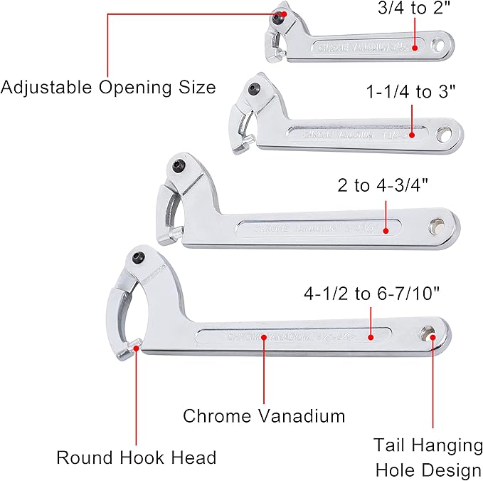 Adjustable C Pin Spanner Hook Wrench for Hydraulic Ram Cylinder, Mechanical Machine, Equipments Vehicles, (4 Pcs) 3/4-2", 1 1/4-3", 2-4 3/4", 4 1/2-6 7/10" Round Head Pin Spanner Wrench Set