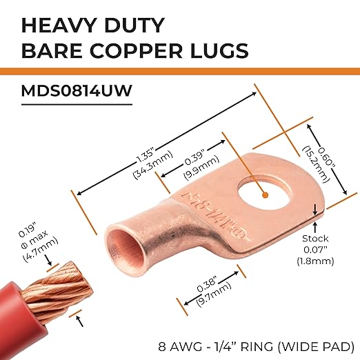 SELTERM 2pcs 8 AWG 1/4" Stud (Wide Pad) Copper Wire Lugs, Battery Lugs,Ring Terminals,Battery Cable Ends, 8 Gauge Ring Terminal Connectors,UL Heavy Duty Bare Copper Eyelets Battery Terminal Connectors